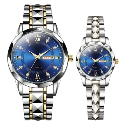 ست ساعت مچی عقربه‌ای زنانه و مردانه استیل تراش الماسی
